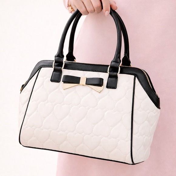 Betsey Johnson Handbags - Betsey Johnson White Quilted Heart Satchel Handbag Black Trim Bow Purse Rare